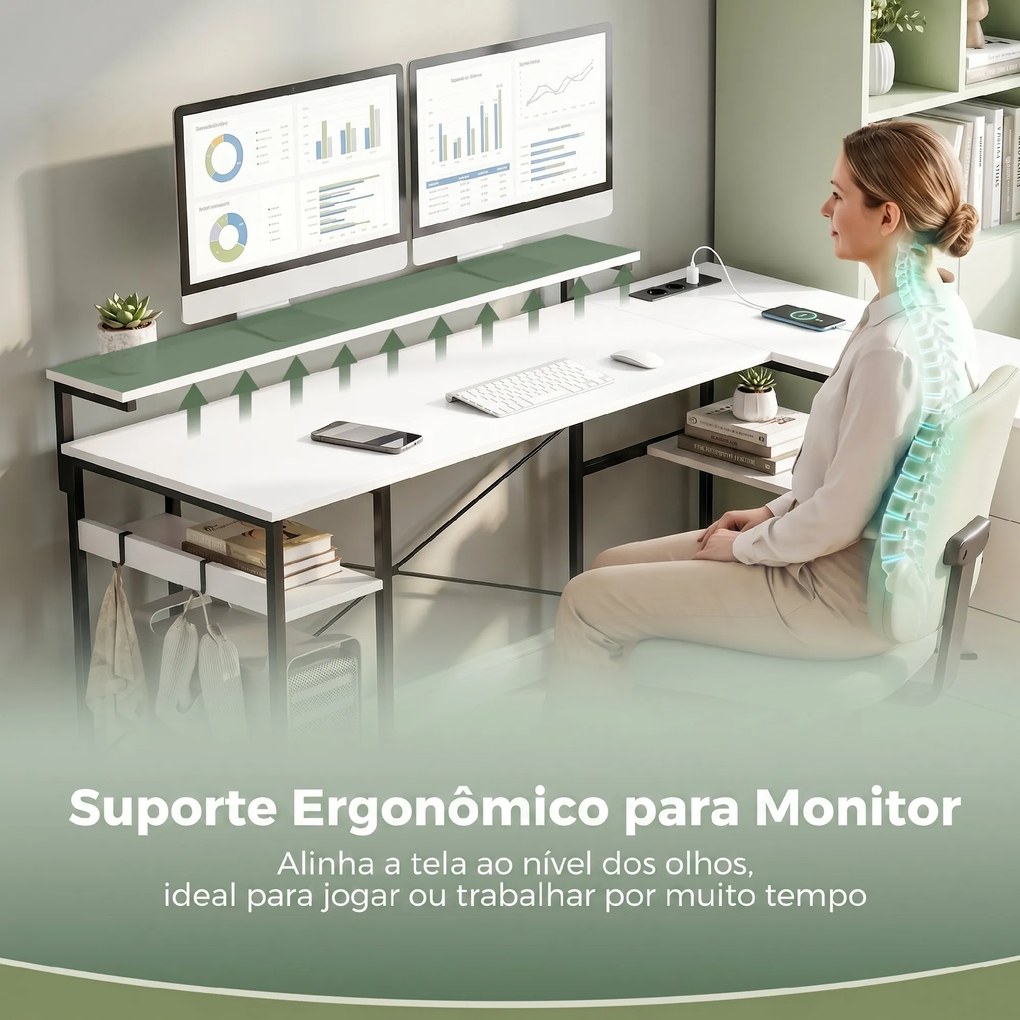 Secretária de canto com 4 gavetas com tomdas 155x112x85,5-91,5 cm Branco