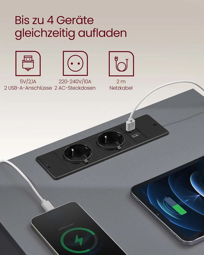 Conjunto de 2 mesas de cabeceira 35 x 40 x 59 cm modernas com 2 tomadas CA e 2 portas USB Cinza ardósia + Castanho natural