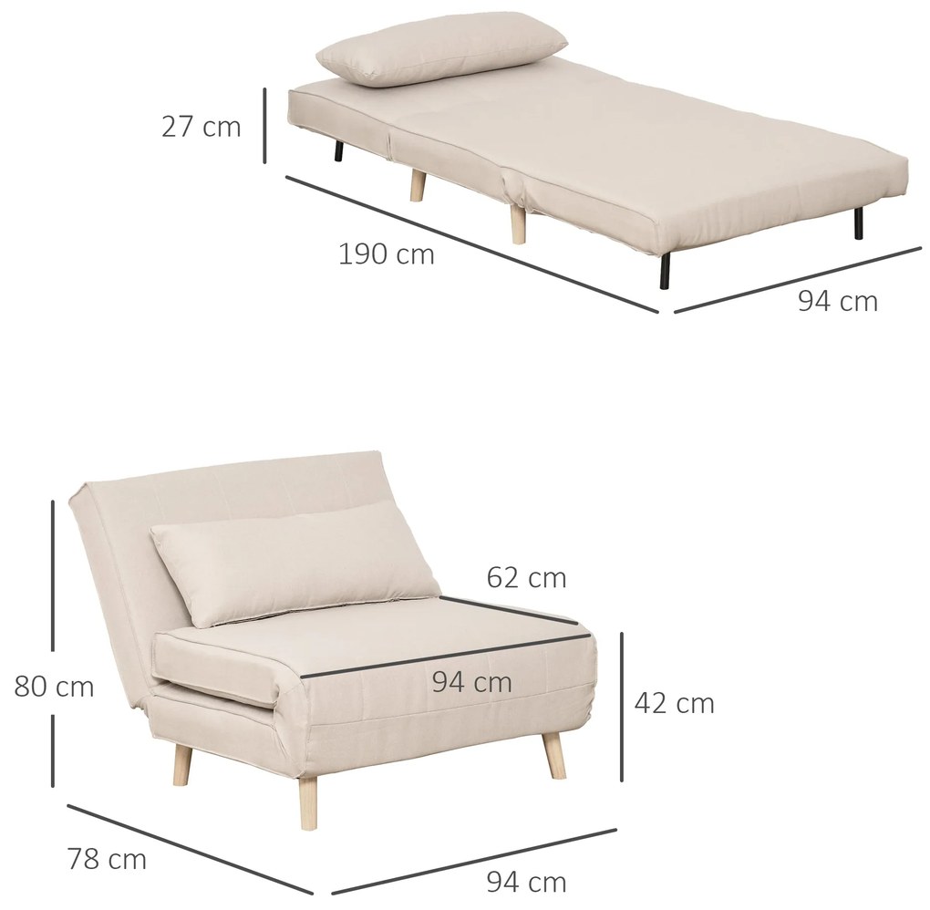 Sofá-cama estofado individual com almofada acolchoada e encosto ajustá