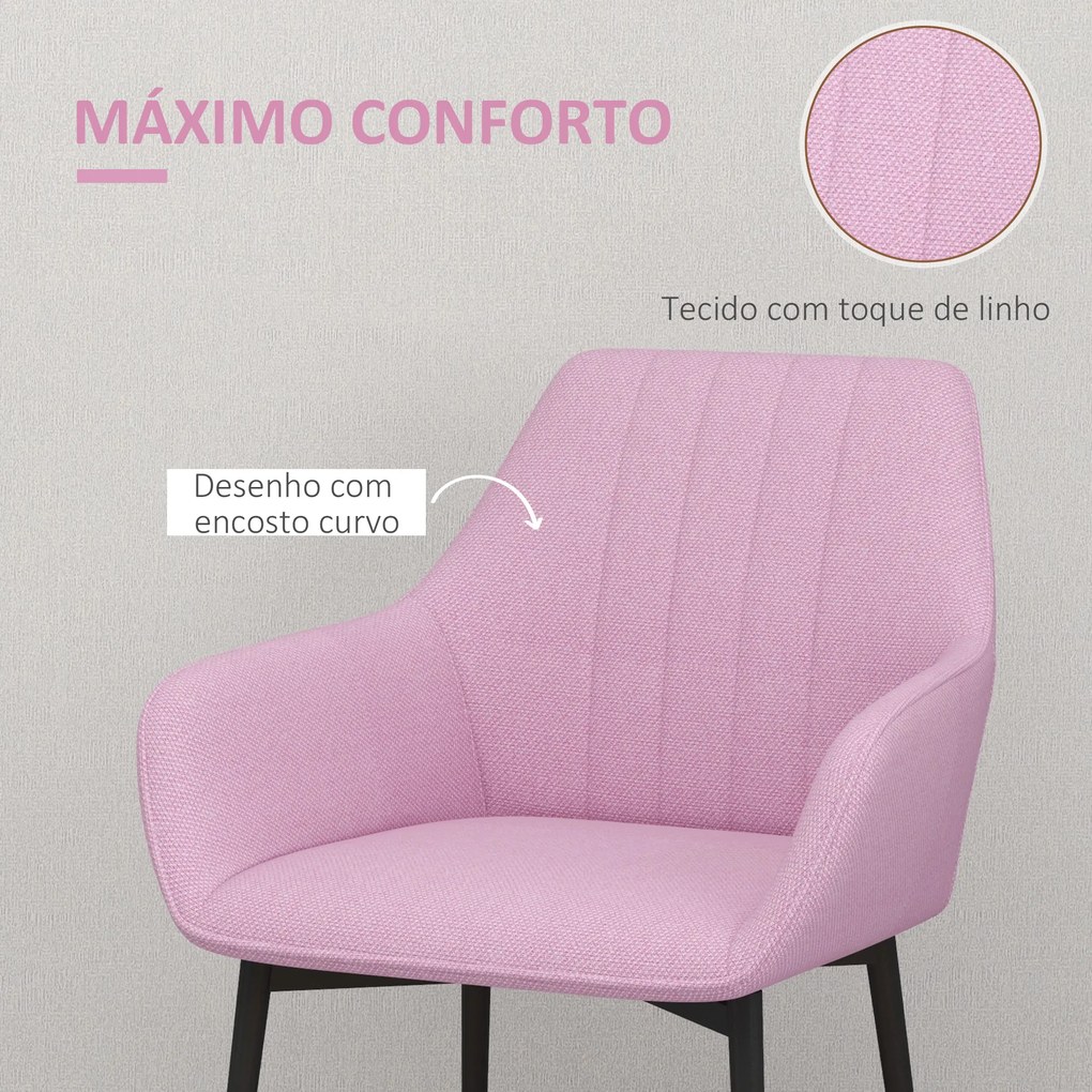 Conjunto de 2 Cadeiras de Sala de Jantar Estofadas em Linho com Encosto e Pés de Metal 59,5x56,5x81 cm Rosa