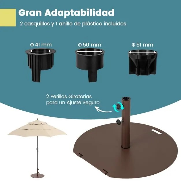Base metálica redonda para guarda-sol de jardim 23kg com 2 botões de aperto Rodas e pega Castanho