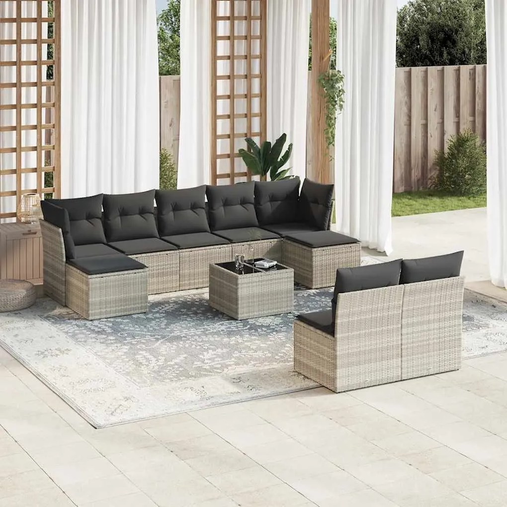 vidaXL 10 pcs conj. sofás jardim com almofadões vime PE cinzento-claro