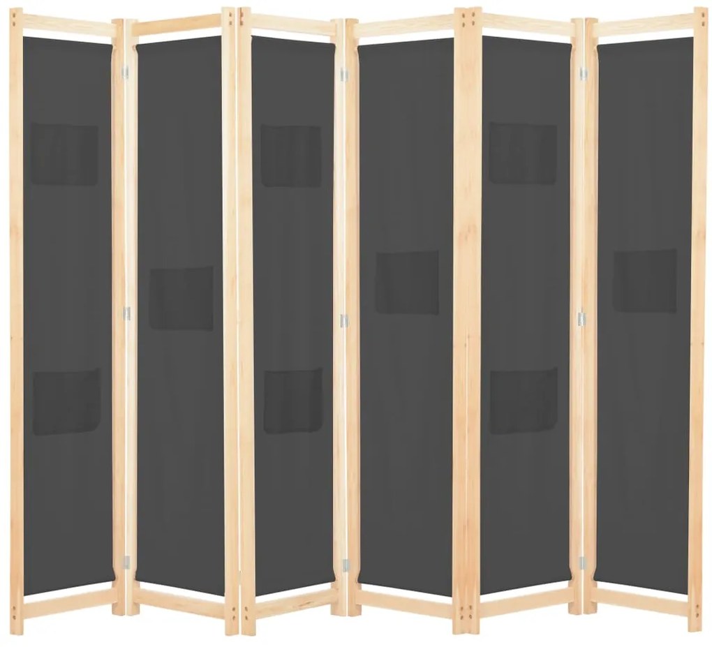 Divisória de quarto com 6 painéis 240x170x4 cm tecido cinzento