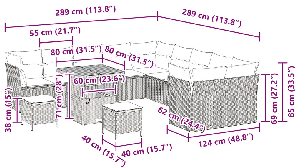 Conjunto de Sofás de Jardim vidaXL de 13 peças com Almofadas Bege Ratt