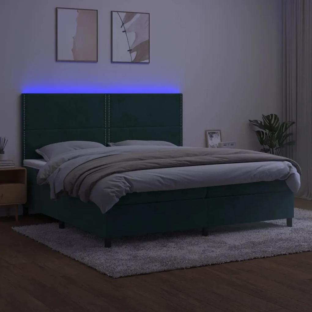Cama box spring c/ colchão/LED 200x200 cm veludo verde-escuro