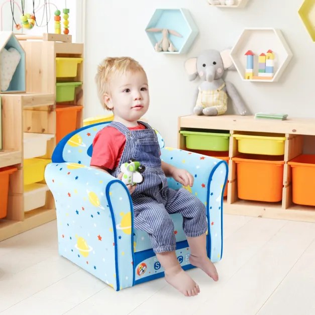 Poltrona infantil estofada, sofá infantil com moldura de madeira, superfície de veludo, enchimento de espuma para quarto 50 x 40 x 54 cm azul