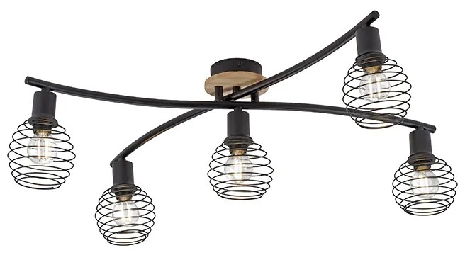 Candeeiro de teto design preto com madeira 5 luzes - Winsten Industrial