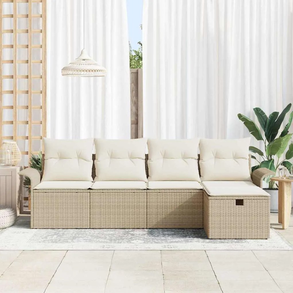 Conjunto de Sofá de Jardim de 5 Peças com Almofadas Bege Rattan Sintét