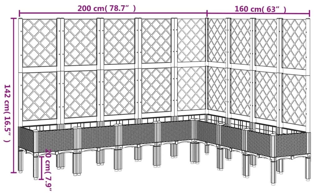 Vaso/floreira jardim c/ treliça 200x160x142 cm PP cinza-claro