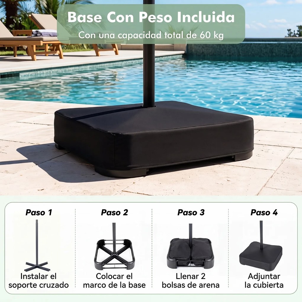 Guarda-sol de Jardim com base, 450 x 270 x 252 cm, Luzes LED Solares, Castanho