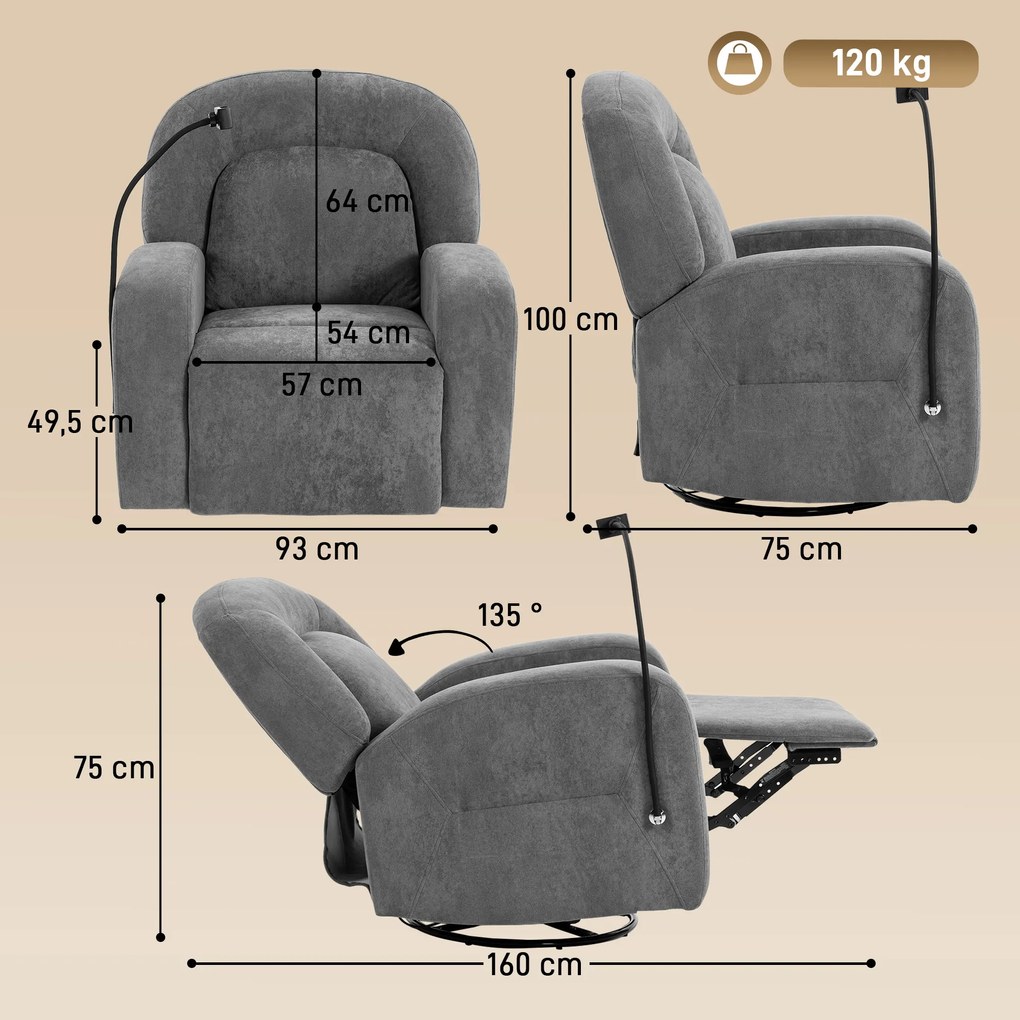 Poltrona Relax Reclinável 3 em 1 com Função de Baloiço Rotação 360° Suporte para Telemóvel Assento Amplo Cinzento