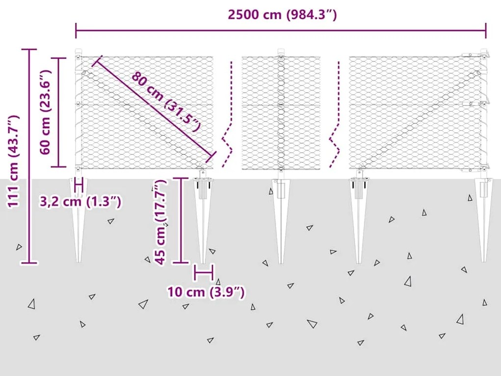 Cerca Hexagonal vidaXL Cinza 0.6x25 m Aço