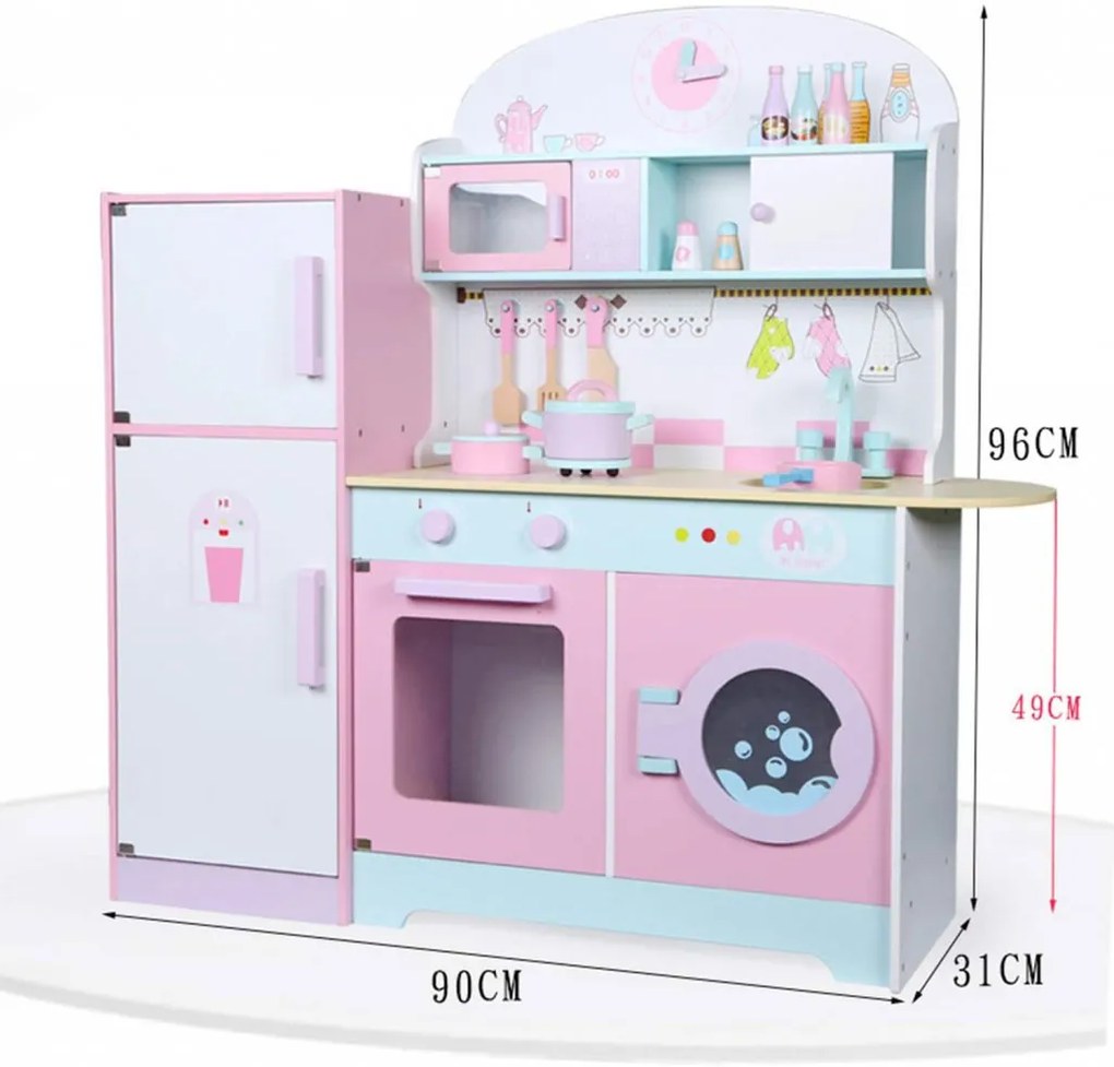 Cozinha de brincar de madeira rosa com frigorifico