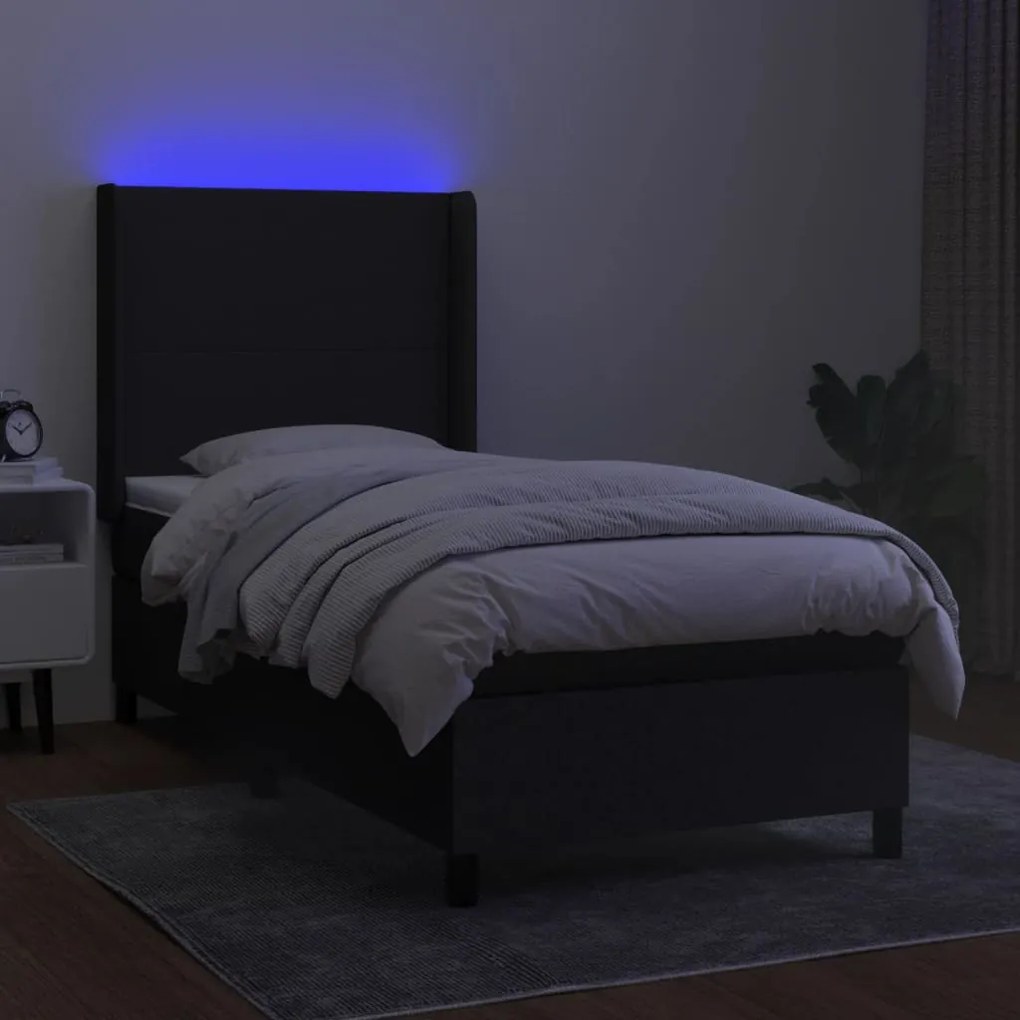 Cama box spring c/ colchão e LED 90x200 cm tecido preto