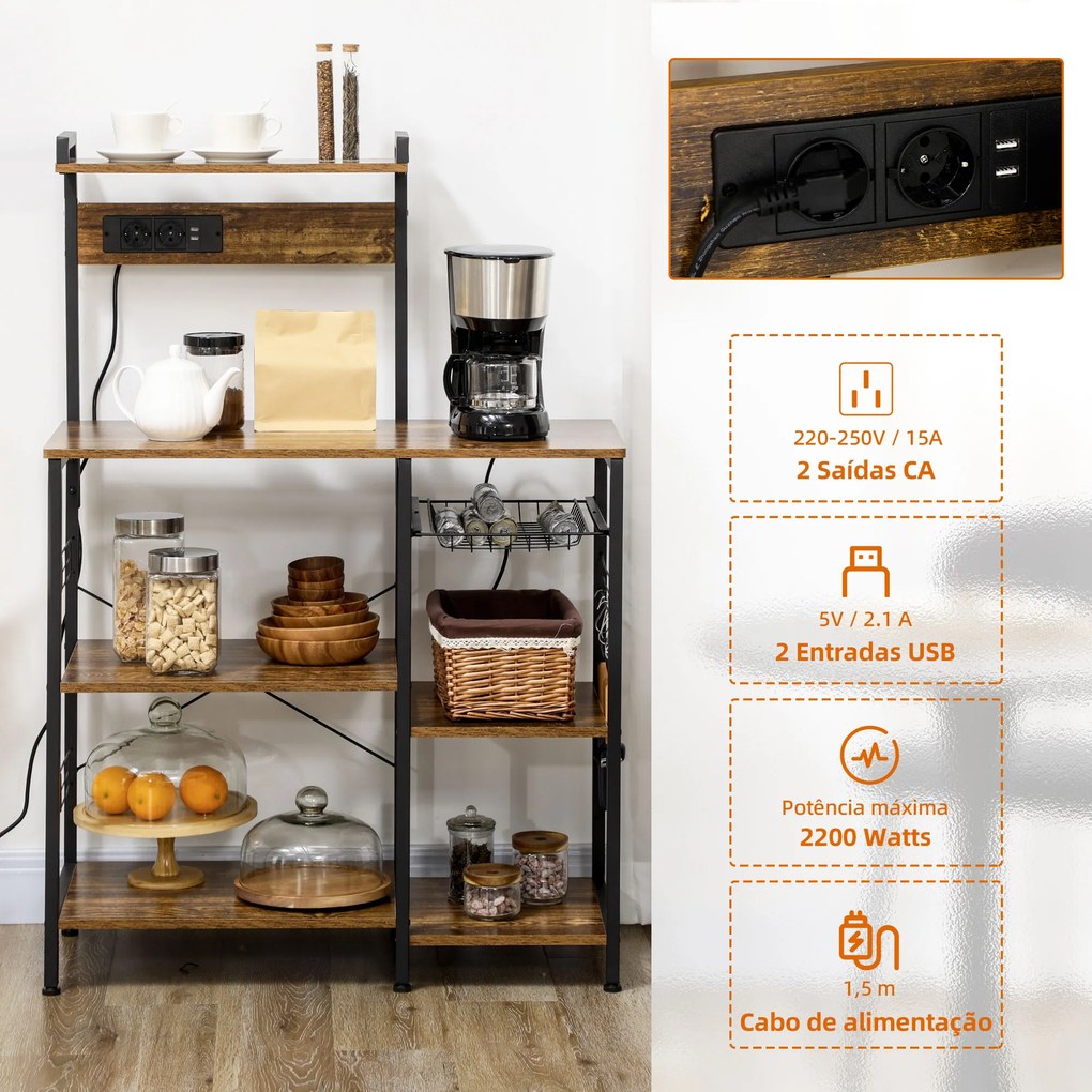 Estante de Cozinha com Ficha 2 Carregadores Prateleira Ajustável USB 5 Gancho em S e Cesta Amovível 90x42x130 cm Castanho Rústico