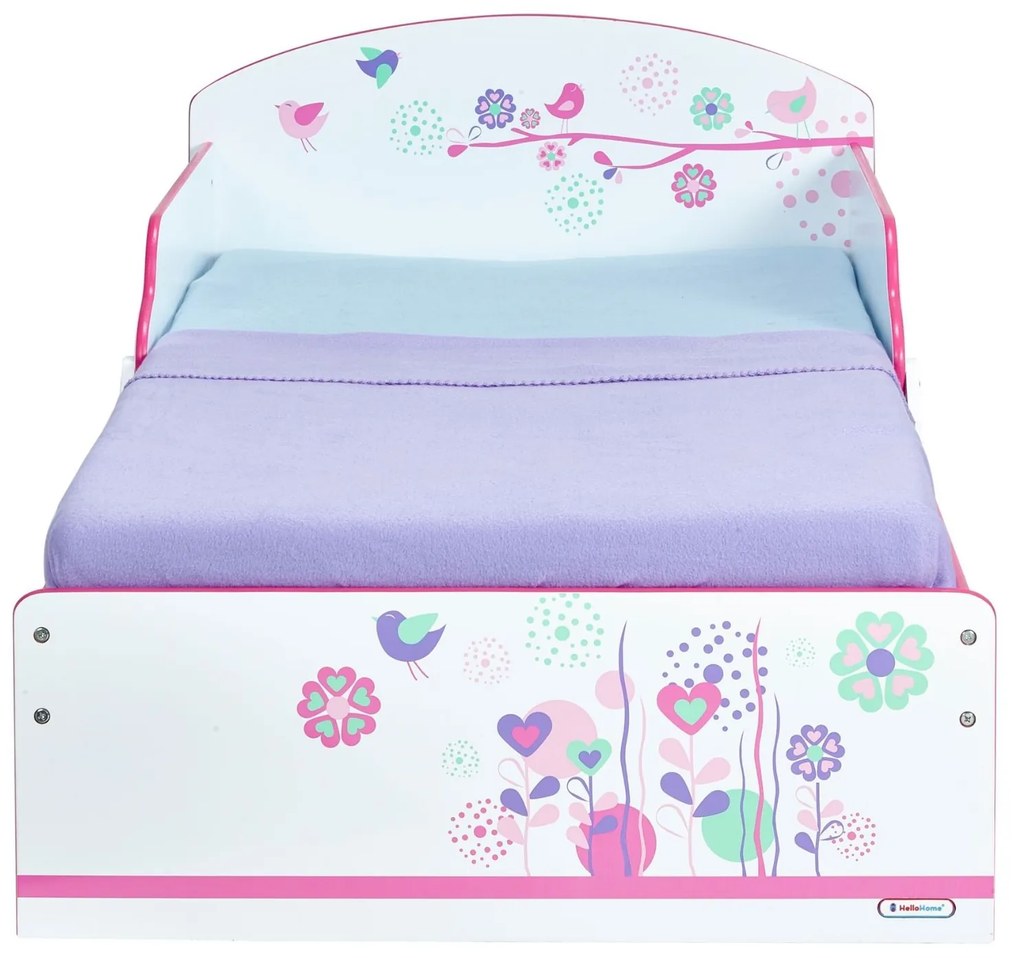 Cama infantil, desenhos Pássaros de madeira + Colchão e almofada 140 x 70 cm ROSA