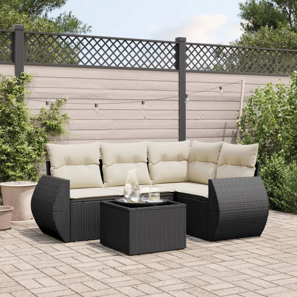 5 pcs conjunto sofás de jardim com almofadões vime PE preto