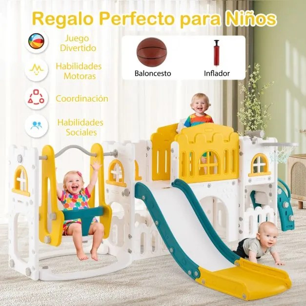 Conjunto de baloiço e escorrega 10 em 1 para crianças com cesto de basquetebol telescópico e corredor infantil Verde + Amarelo