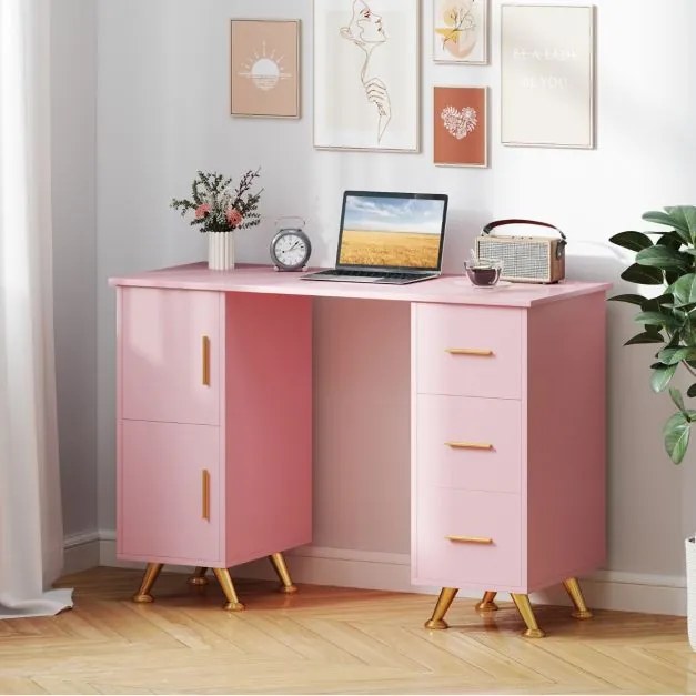 Mesa de manicure com gavetas Apoio para os pulsos Pernas metálicas para salão de beleza 108 x 45 x 76 cm Rosa