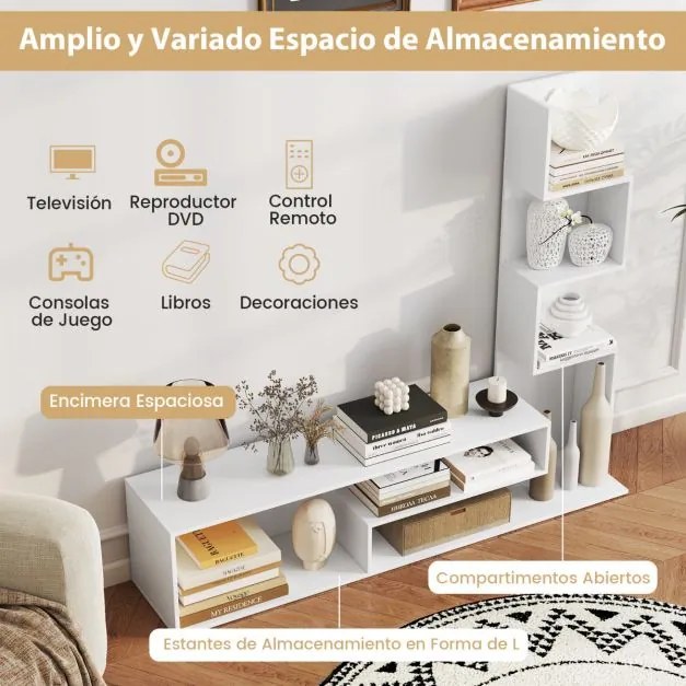 Móvel de TV 144,5 x 29,5 x 121 cm com cubos para TVs até 50” Mesa de consola com Estantes em L e compartimentos abertos para sala de estar Branca