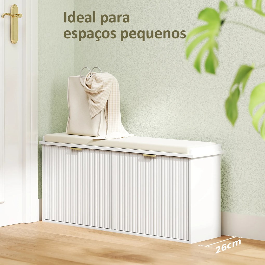 Banco Sapateira Móvel Sapateira Estreito com Assento Estofado 2 Caixas Rebatível e Painel de Ripas 104x26x47,5 cm Branco