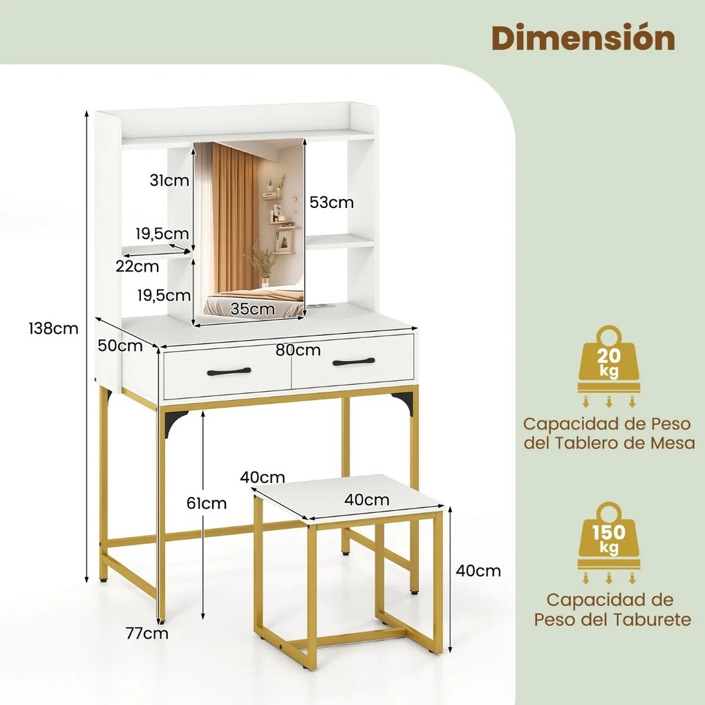 Toucador com espelho retangular com banco 80 x 50 x 138 cm, estação de carregamento, prateleiras abertas e compartimento oculto branco