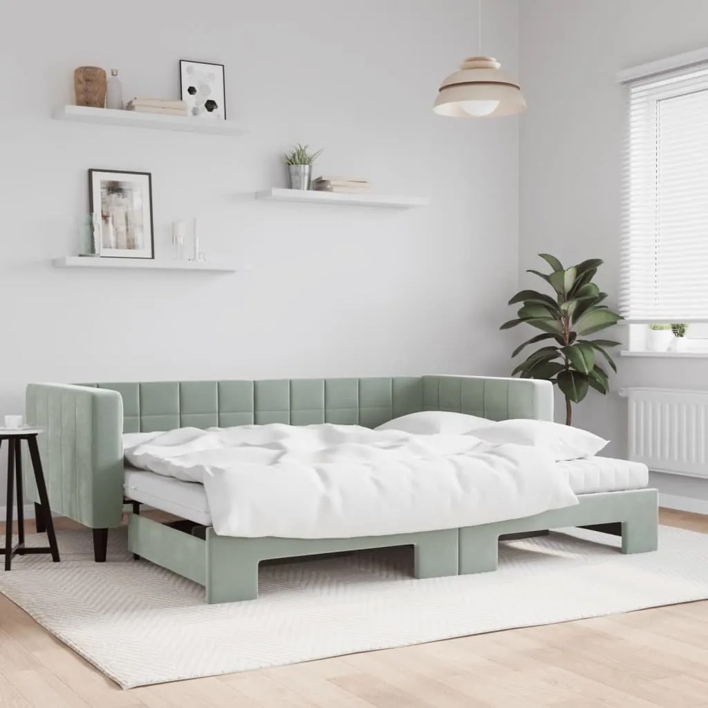 Sofá-cama c/ gavetão e colchões 90x200 cm veludo cinzento-claro