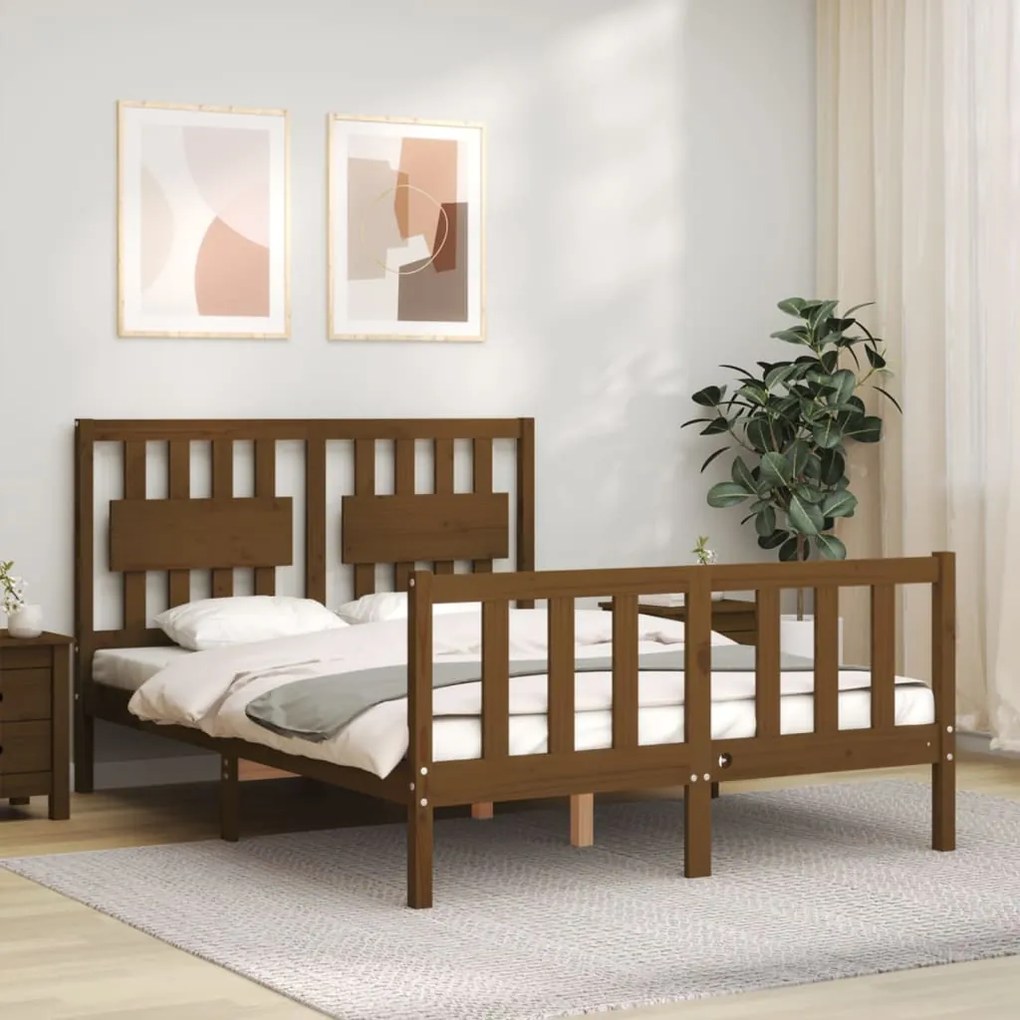 Estrutura de cama dupla pequena 4FT madeira maciça castanho-mel