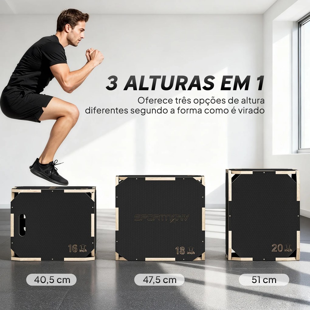 Caixa Pliométrica de Madeira com 3 Alturas Diferentes para Treino de Salto Força em Casa Ginásio e Exterior 51x47,5x40,5 cm Preto