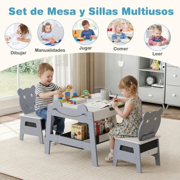 Conjunto Mesa e 2 cadeiras infantis 5 em 1 com tampo reversível preto e branco com Detalhe Curvo, 4 ganchos, compartimentos e recipientes Cinzenta