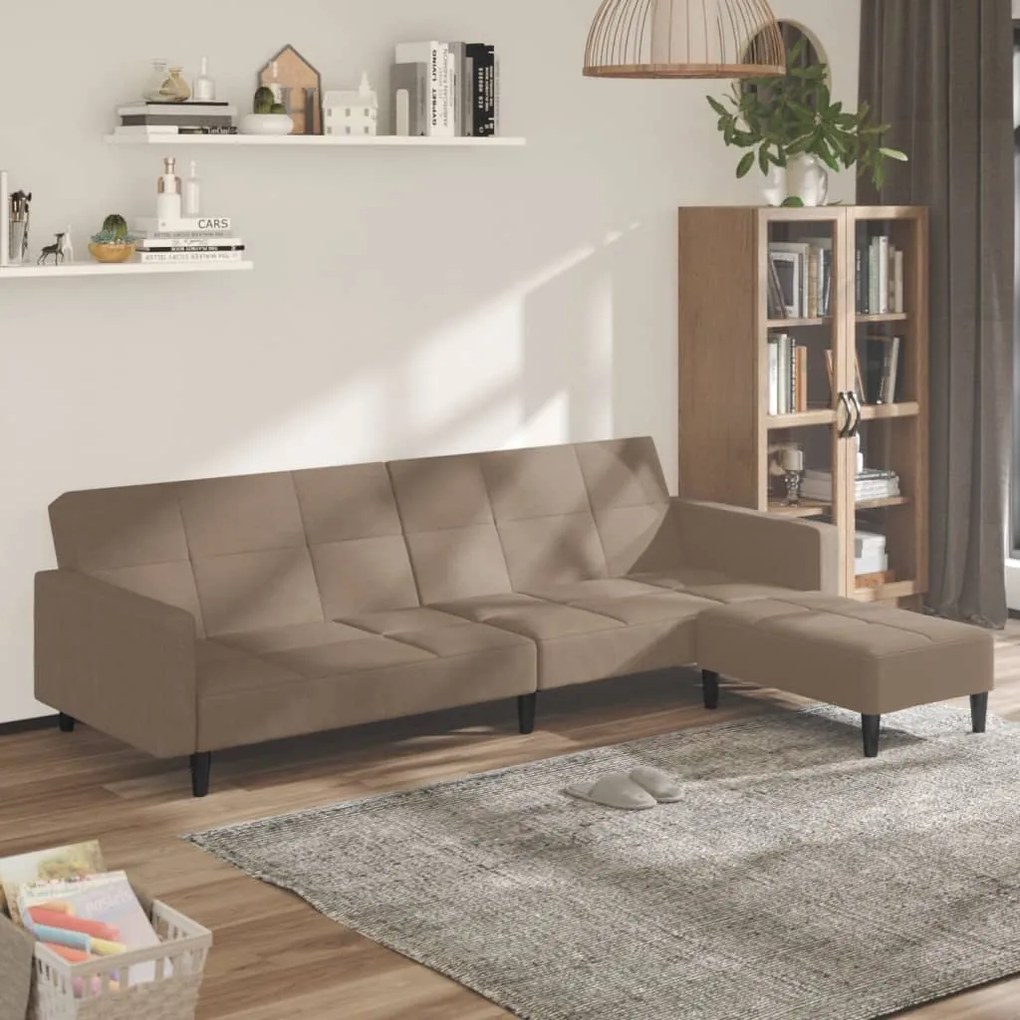 3121301 vidaXL Sofá-cama 2 lugares + banco tecido microfibra cinza-acastanhado