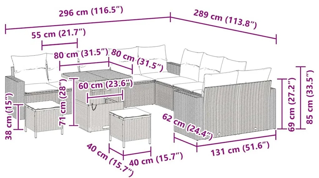 Conjunto de Sofá de Jardim de 13 Peças com Almofadas Bege em Rattan Si