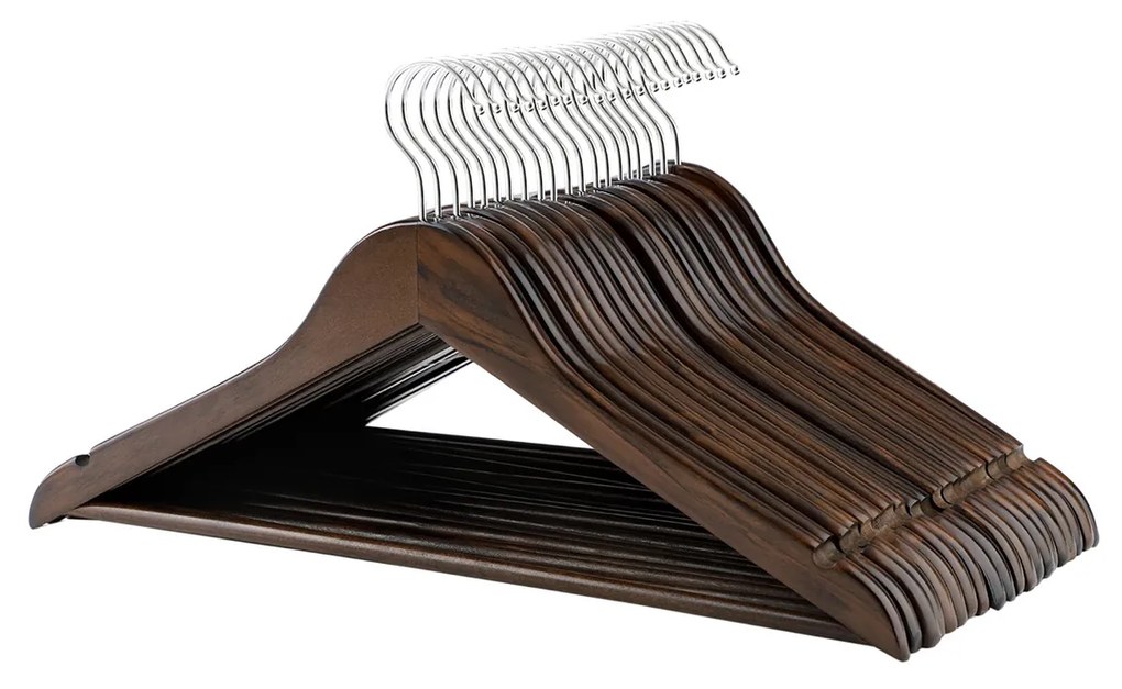 Cabides de madeira SONGMICS, conjunto de 20, cabides para casacos, cabides para roupas, com entalhes nos ombros, barra antiderrapante para calças, gancho giratório 360°, para ternos, camisas, casacos, nogueira escura e prata CRW02V20