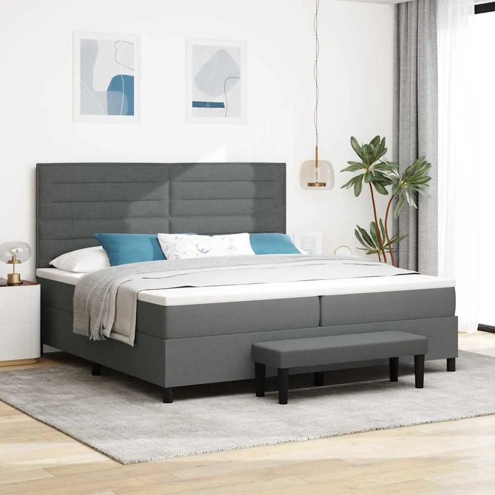 Cama Box Spring com Colchão &amp; Banco Cinza Escura 200x200 cm Tecido