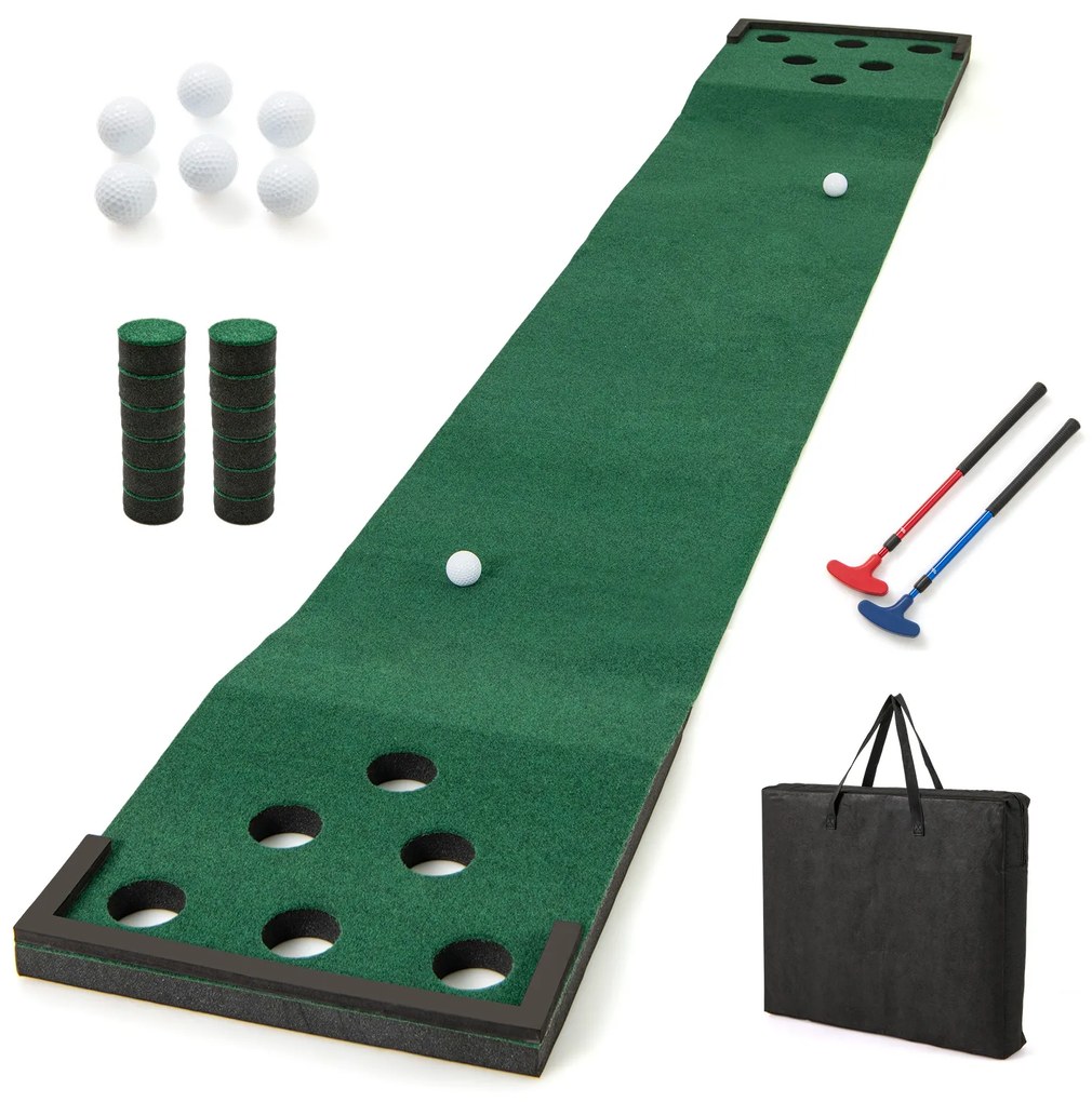 Tapete de putting green de 11 pés com 2 tacos ajustáveis ​​e 6 bolas