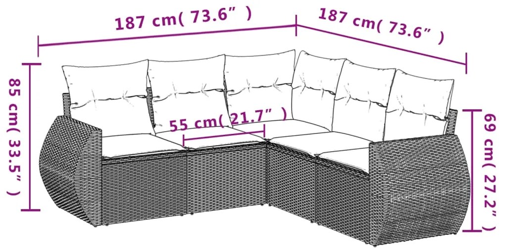 5 pcs conjunto sofás de jardim c/ almofadões vime PE cinzento