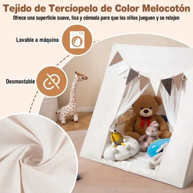 Tenda infantil 120x120x105cm com tapete lavável e bandeiras coloridas para canto de leitura para crianças a partir de 3 anos bege