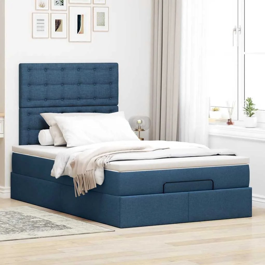 Estrutura de cama otomana com colchão 120x190 cm tecido azul