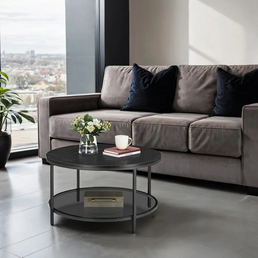 Mesa de sala com tampo em vidro 80 x 46 cm (Ø x A), estilo moderno, efeito mármore-Preto