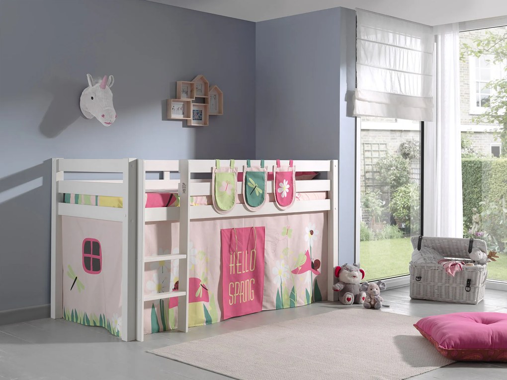 Conjunto Cama alta de Criança PINO 90 x 200 cm + estrado + escada + cortina +3 bolsas Primavera Branca