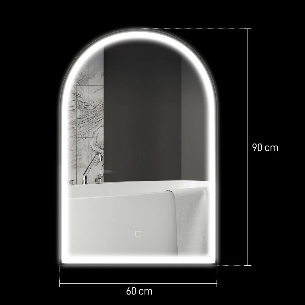Espelho de casa de banho LED 90 x 60 cm, de parede, 3 cores, moldura arqueada em alumínio, antiembaciamento e interruptor tátil