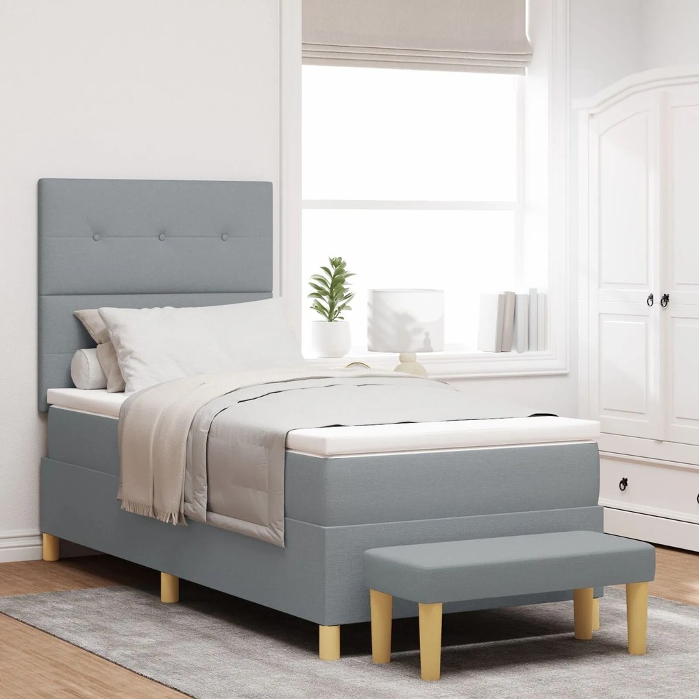 Cama Box Spring com Colchão & Banco Cinza Claro 80x200 cm Tecido