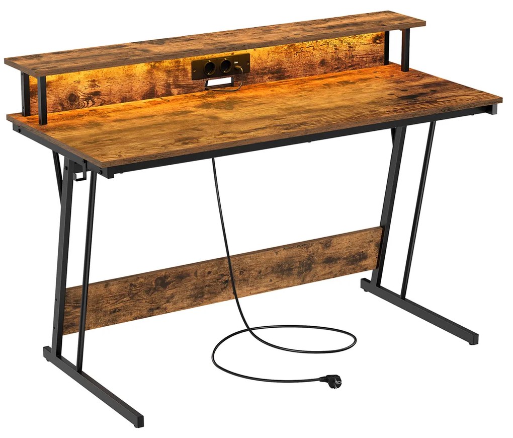 Secretária com iluminação LED, 2 tomadas e 2 portas USB e com suporte para monitor 55 x 135 x 76 cm castanho vintage