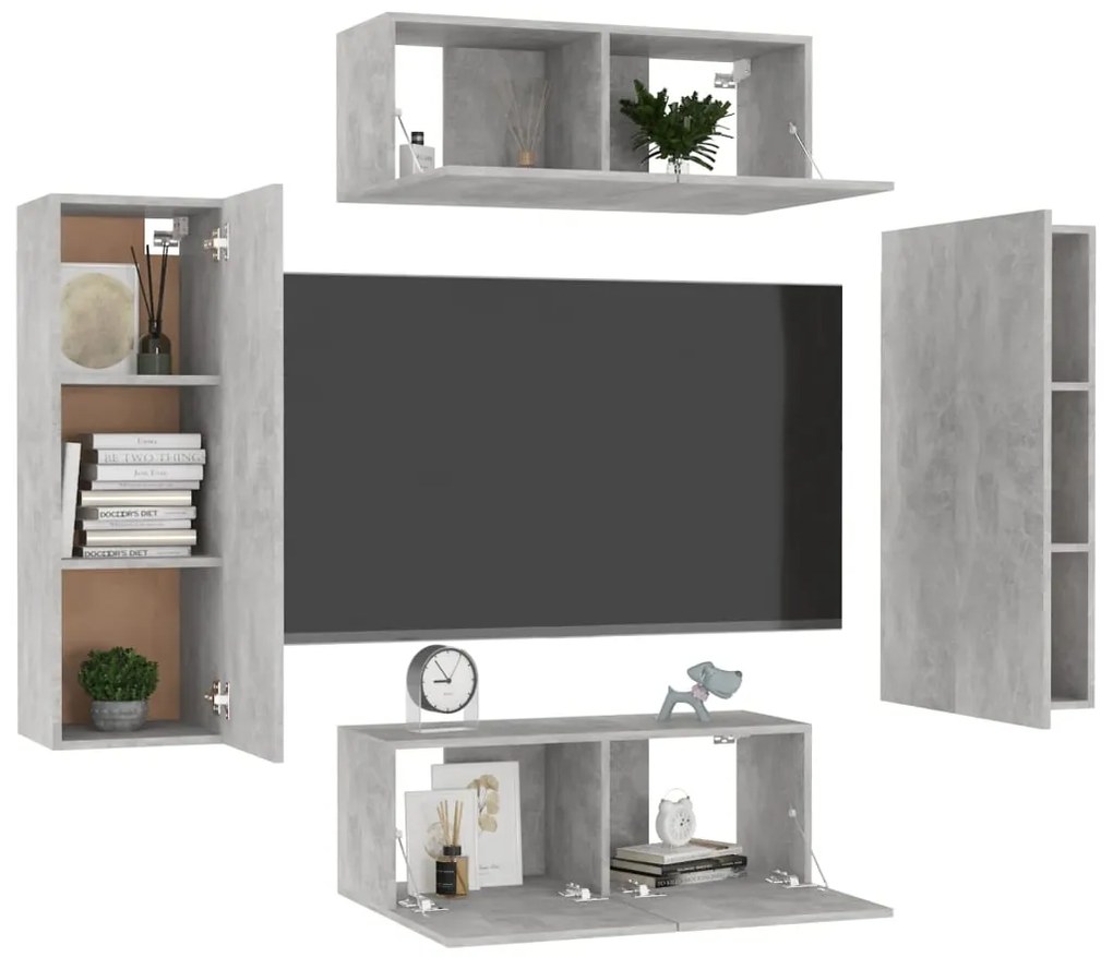 4 pcs conjunto de móveis de TV contraplacado cinzento cimento