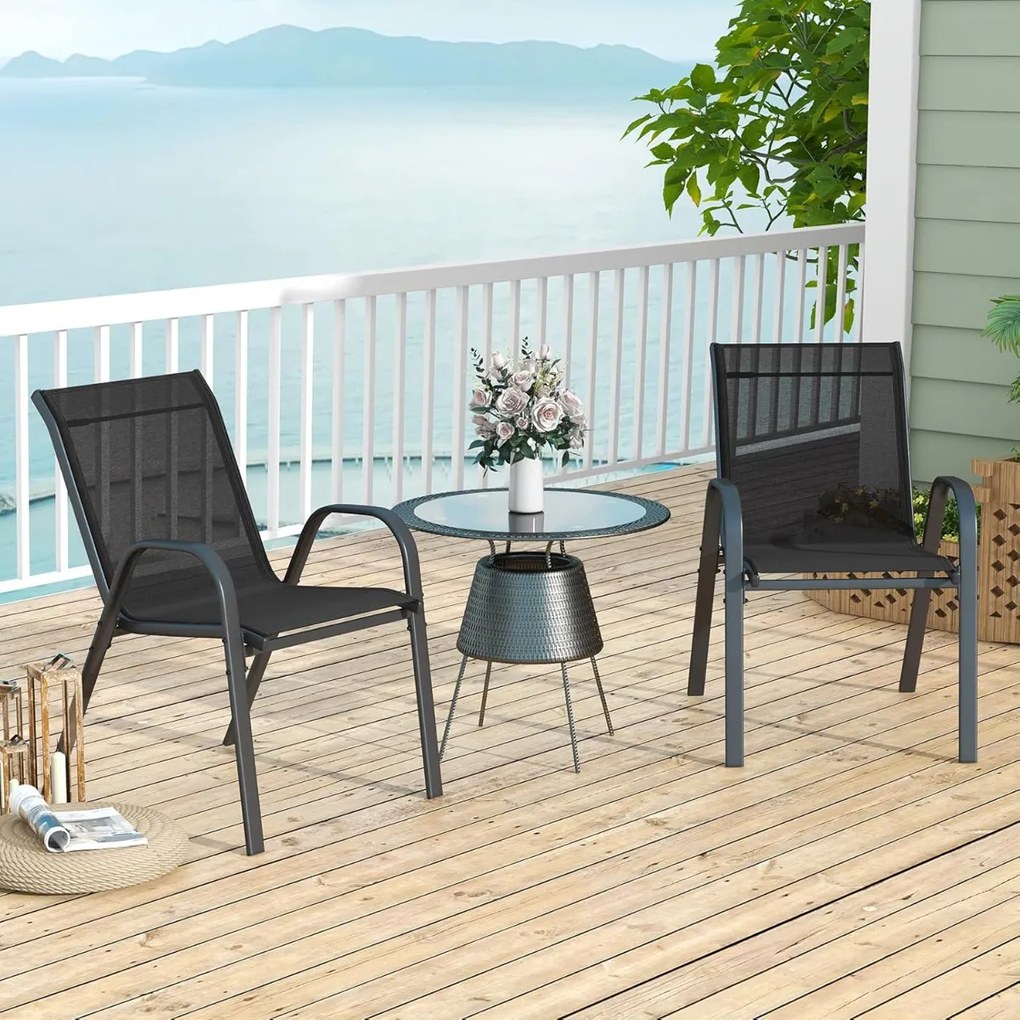 Conjunto de 2 cadeiras de jantar de jardim empilháveis Estrutura resistente ao tecido respirável Pátio exterior Praia 55 x 67 x 83 cm Preto