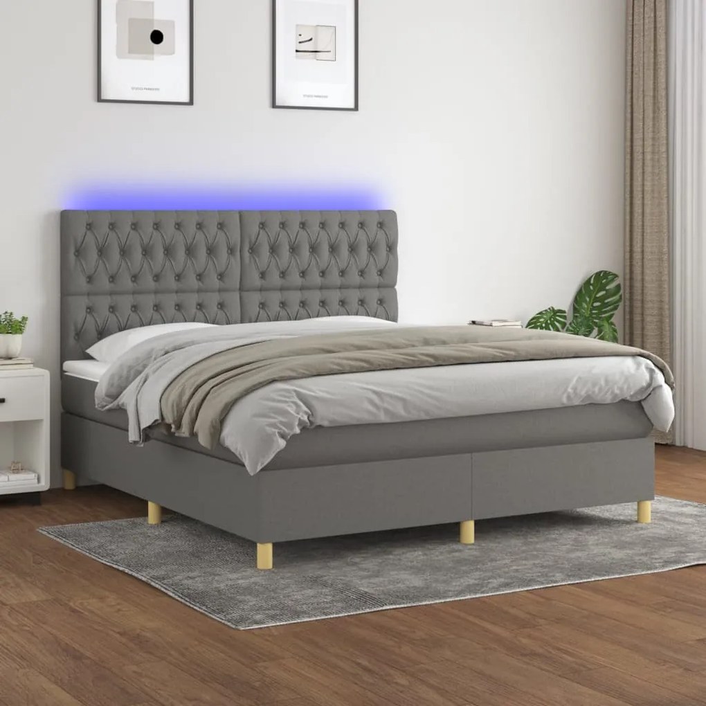 Cama box spring c/ colchão e LED 160x200 cm tecido cinza-escuro