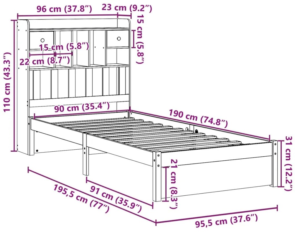 Cama com estante sem colchão 90x190 cm pinho maciço branco