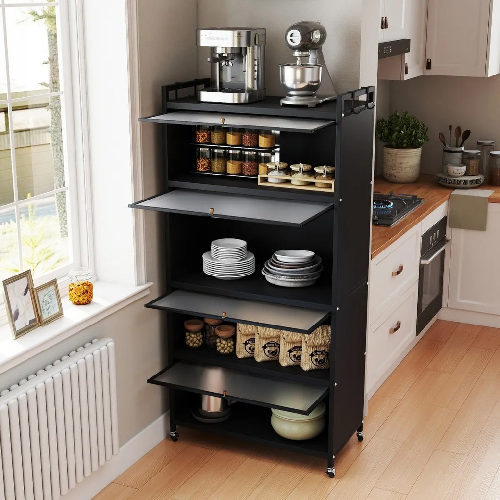 Armário de cozinha 80,5 x 40 x 162 cm de 5 níveis metálico com 4 portas batentes Prateleira com rodas para micro-ondas Preto
