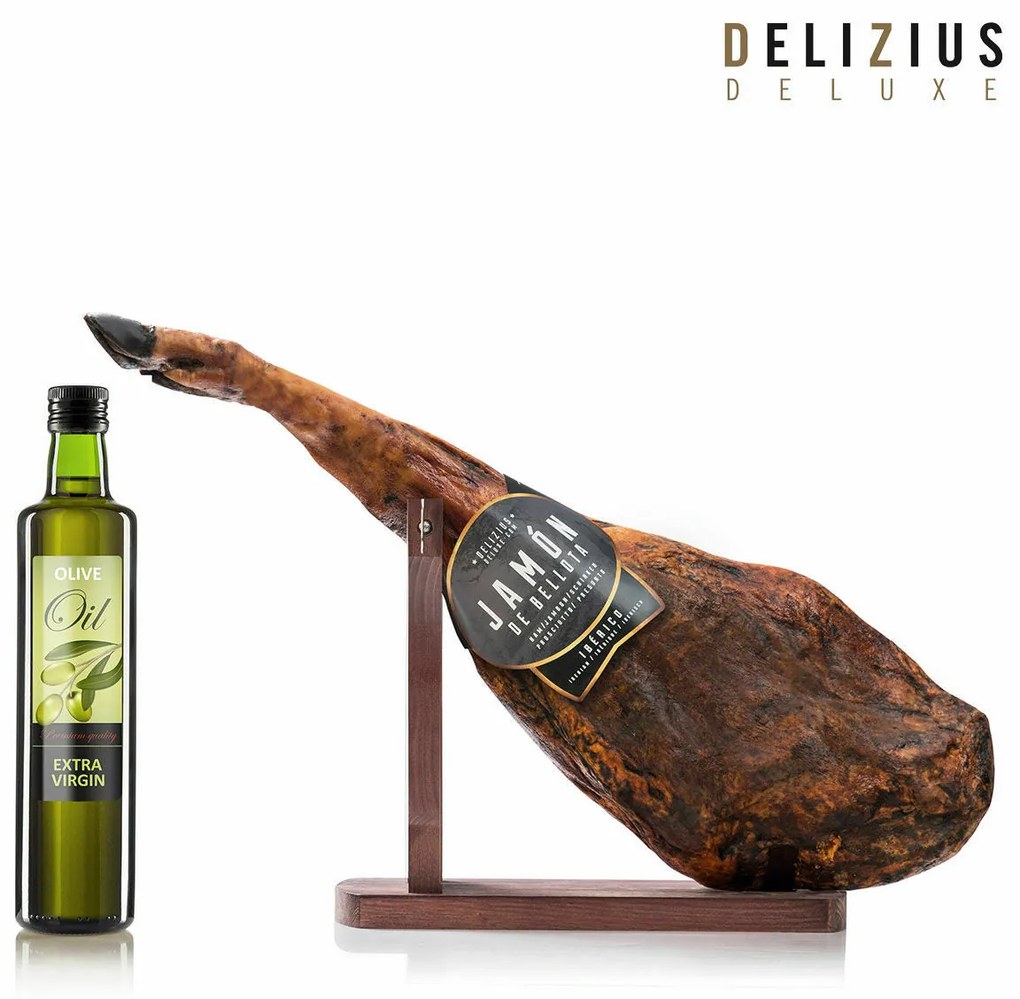 Conjunto de Presunto Ibérico de Bellota, Azeite e Suporte para Presunto Delizius Deluxe