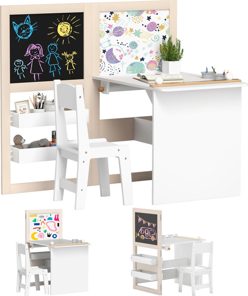 Mesa infantil com cadeira 3 em 1, com cavalete dobrável, prateleiras de arrumação e rolo de papel - 3 a 8 anos, branco